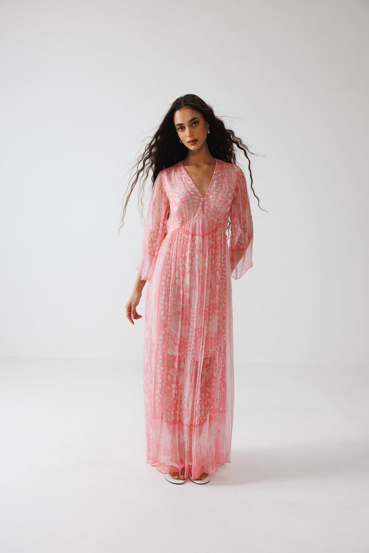 Pavni V-Neck Long Dress - Pink