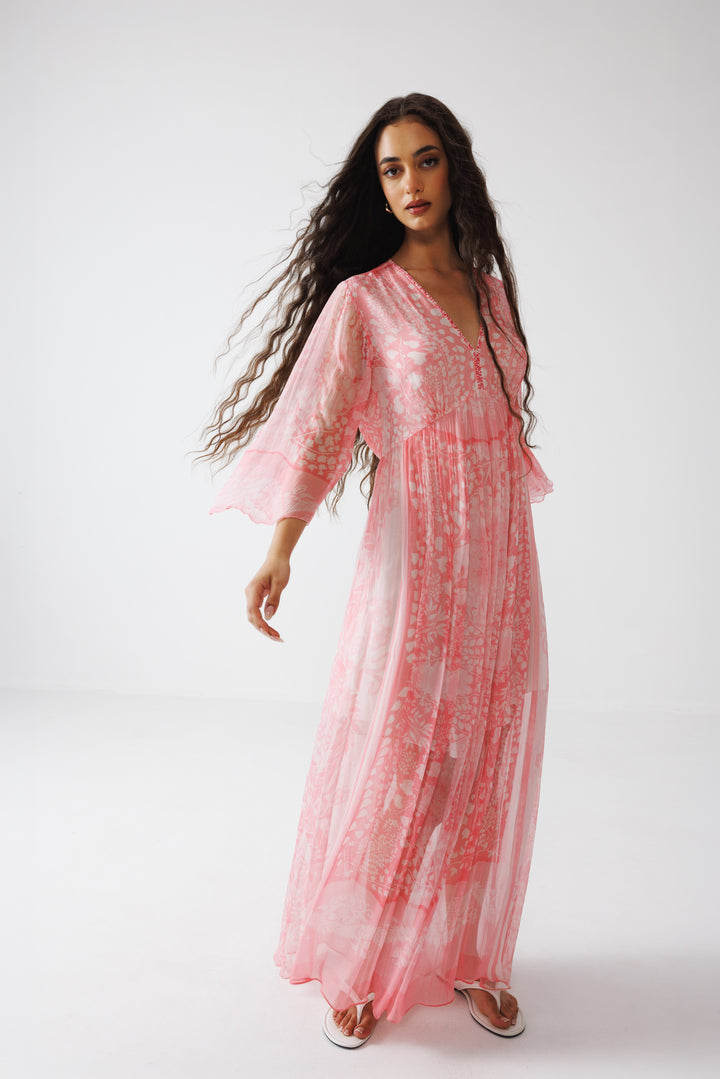 Pavni V-Neck Long Dress - Pink