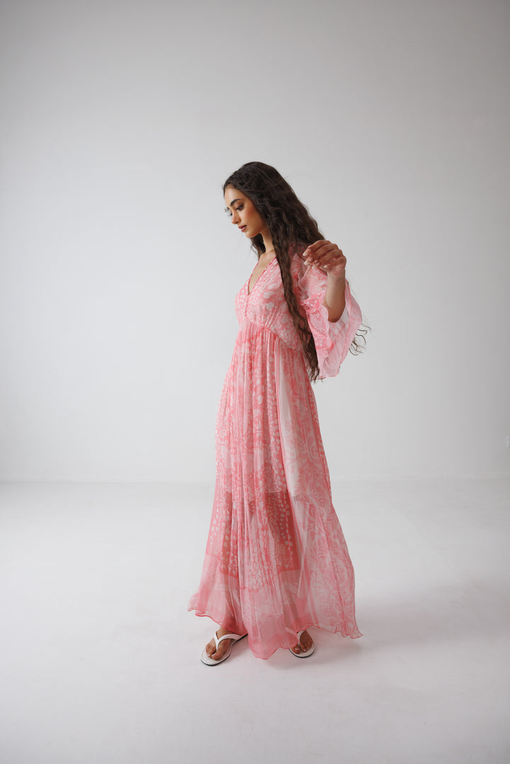 Pavni V-Neck Long Dress - Pink