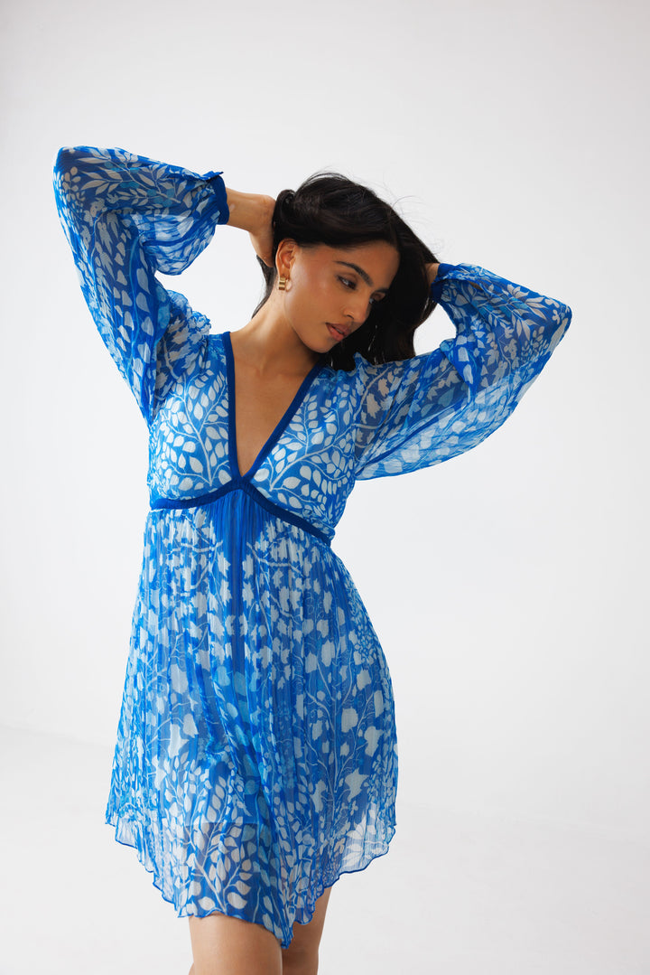 Pavni V-Neck Short Dress- Azure