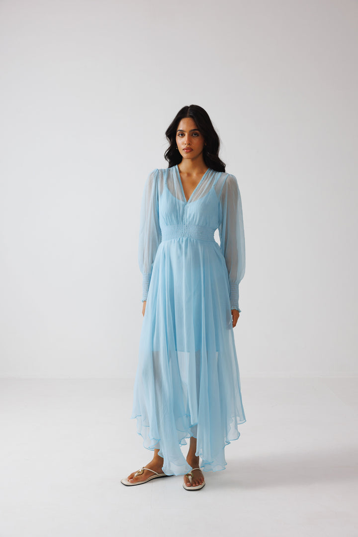Full-sleeved Asymmetric Dress- Sky