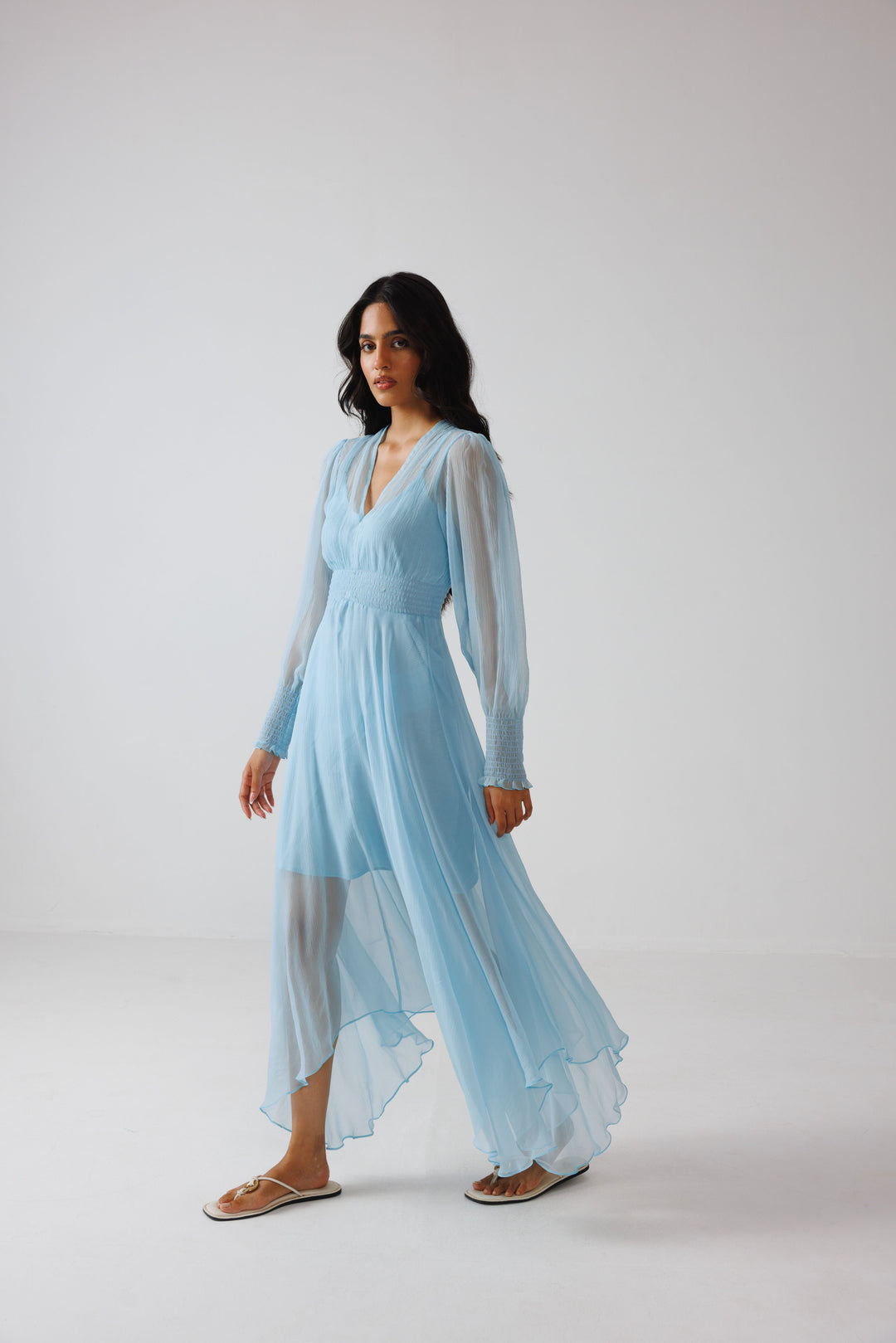 Full-sleeved Asymmetric Dress- Sky