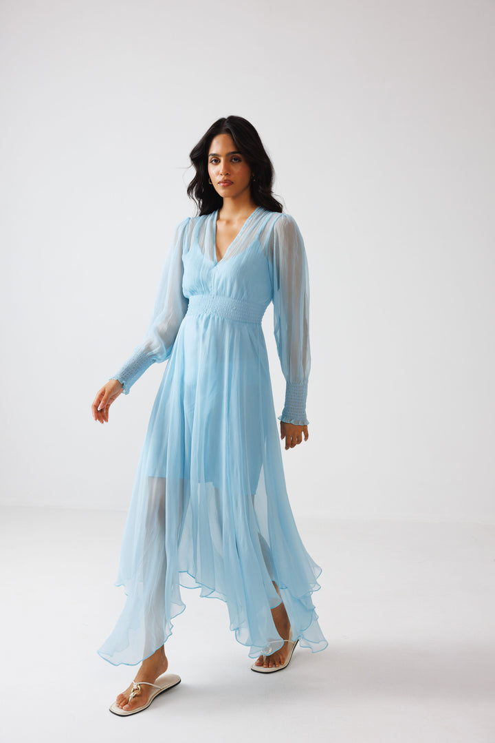 Full-sleeved Asymmetric Dress- Sky