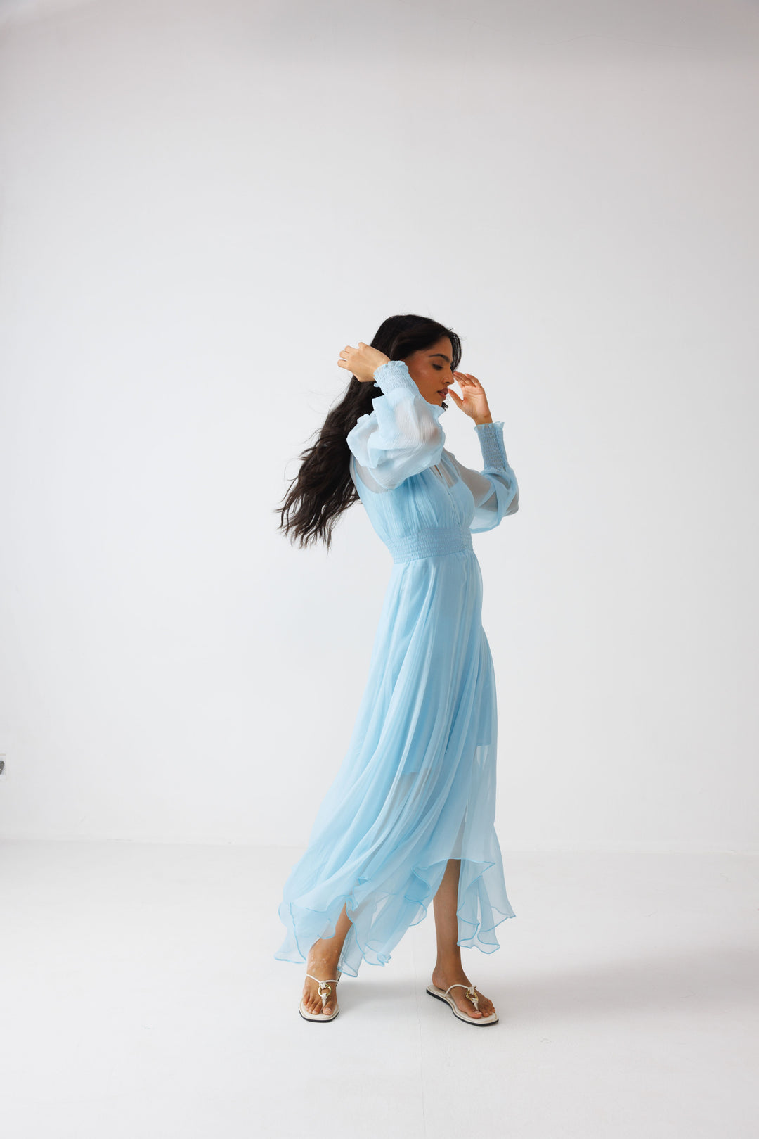 Full-sleeved Asymmetric Dress- Sky