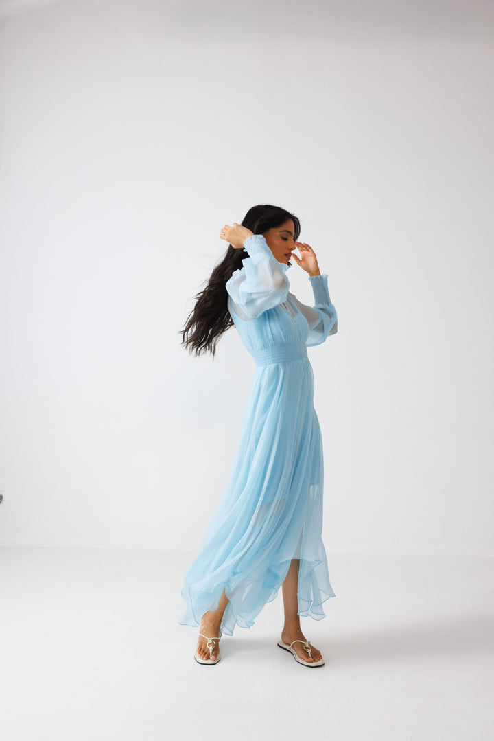 Full-sleeved Asymmetric Dress- Sky