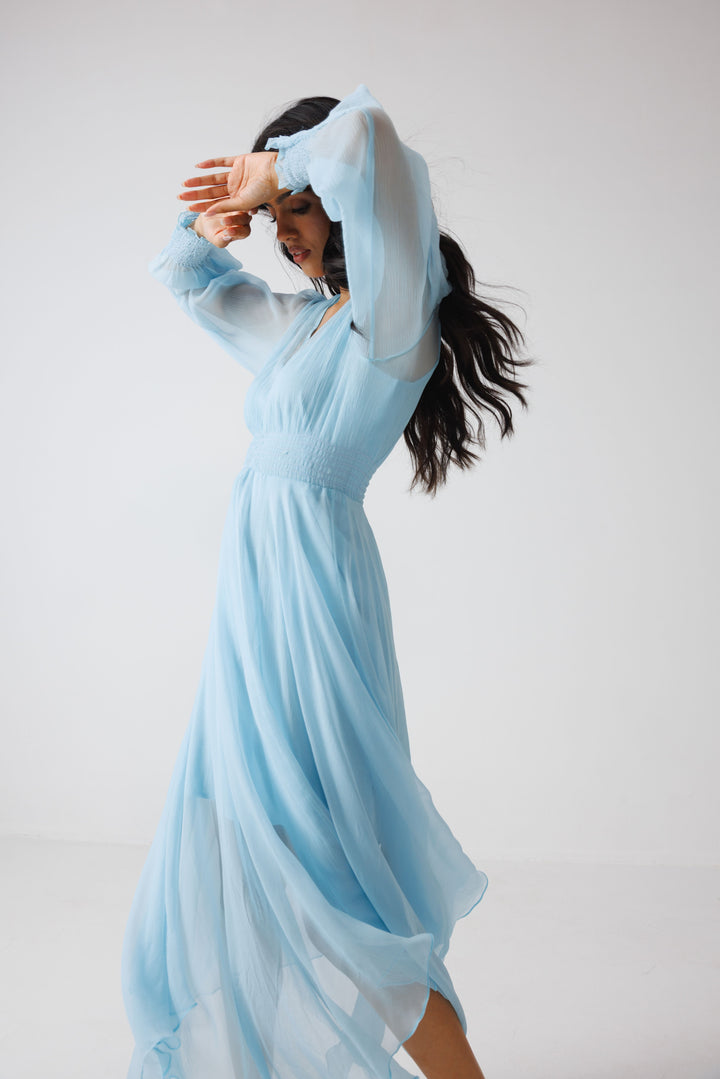 Full-sleeved Asymmetric Dress- Sky