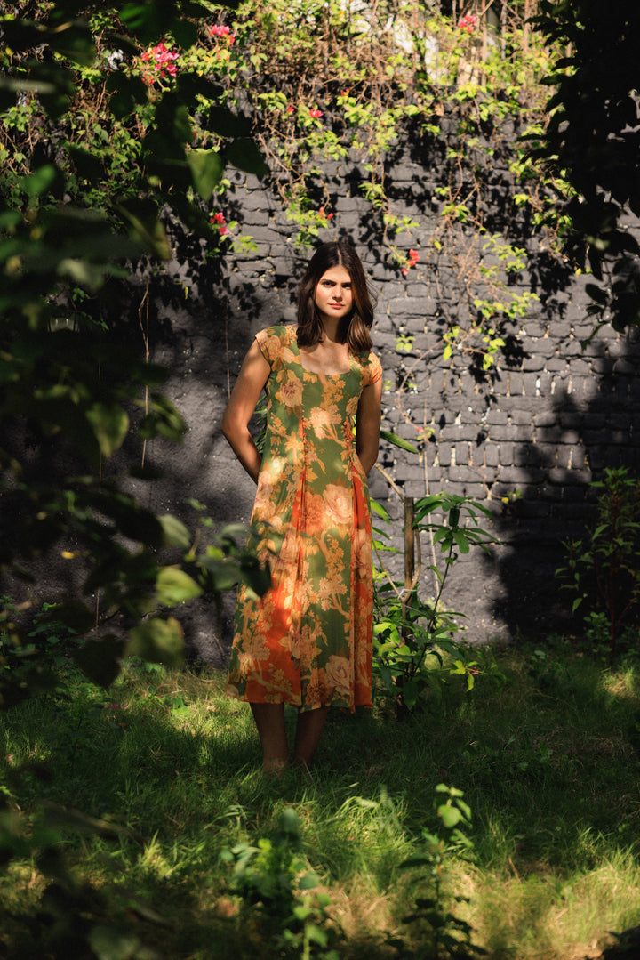 Vanika Green-Coral Midi Dress
