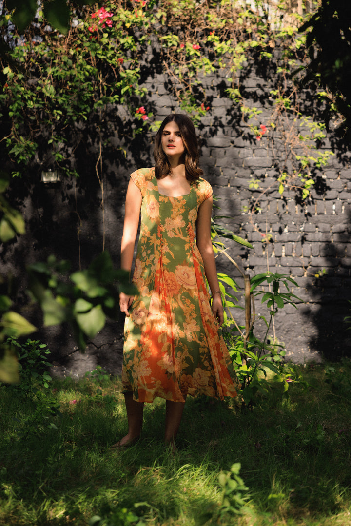 Vanika Green-Coral Midi Dress