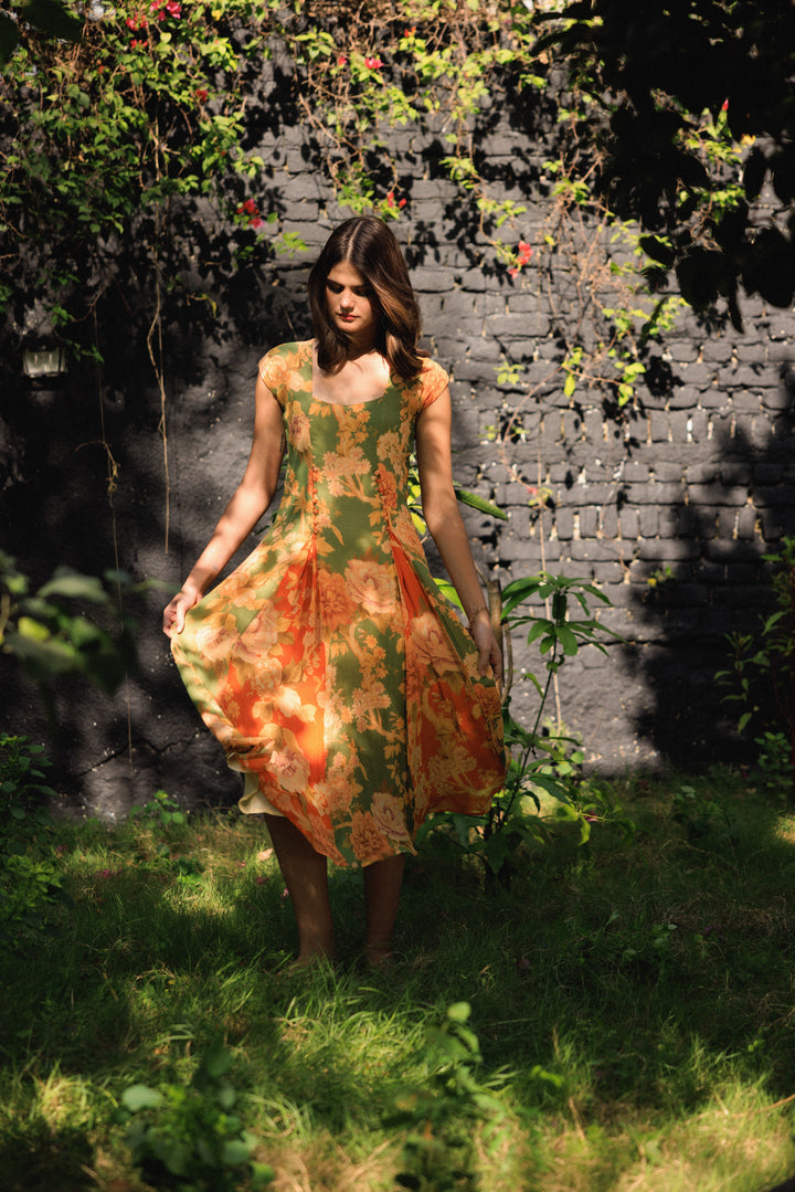 Vanika Green-Coral Midi Dress