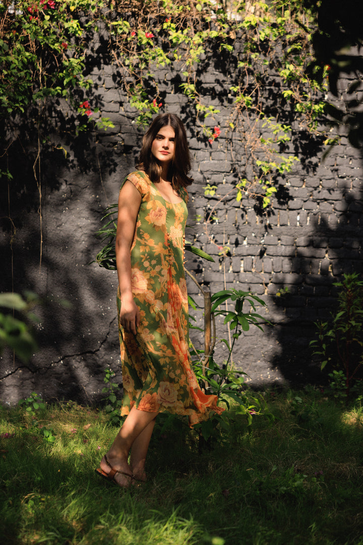 Vanika Green-Coral Midi Dress