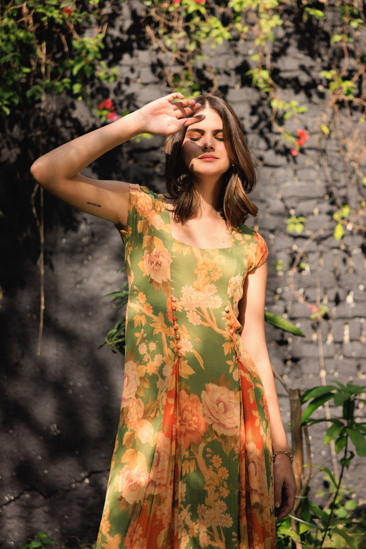 Vanika Green-Coral Midi Dress