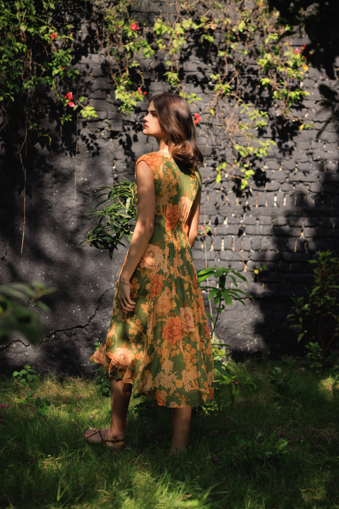 Vanika Green-Coral Midi Dress