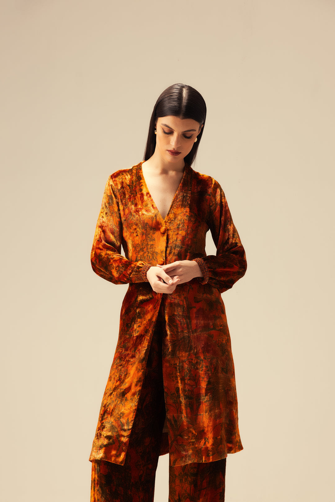 Nargis Front Open Tunic Set - Rust