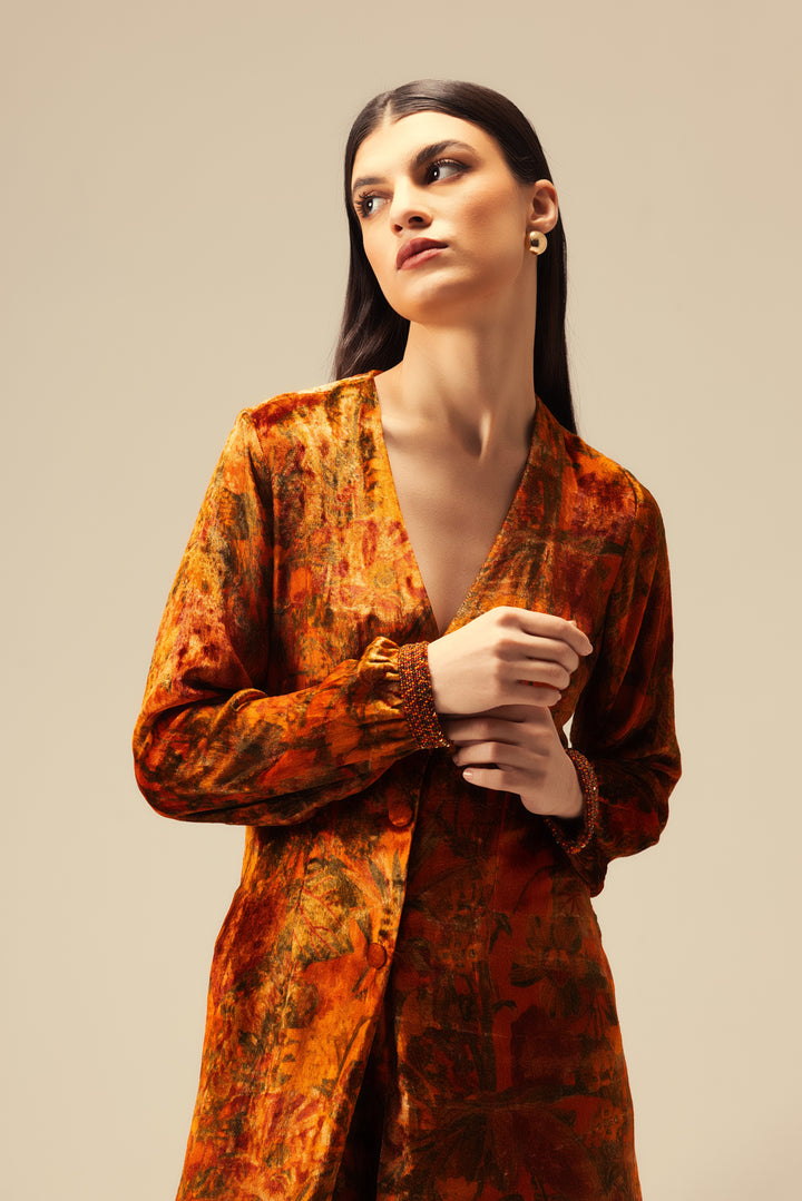 Nargis Front Open Tunic Set - Rust