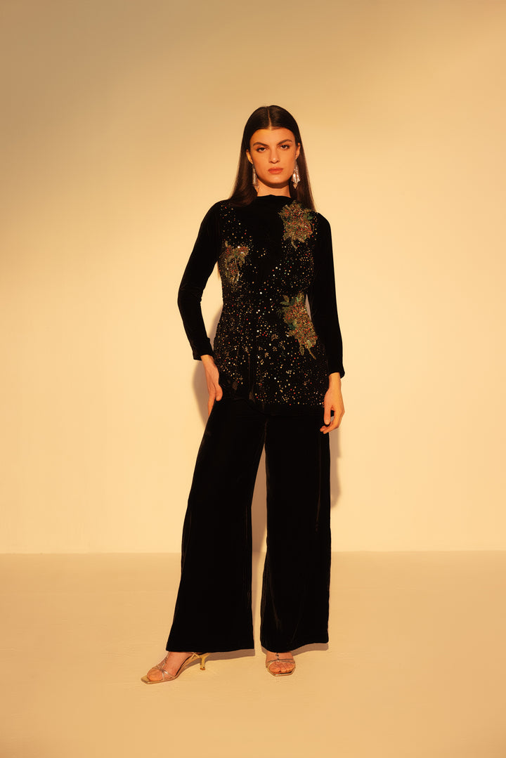 Nargis Black Embellished Asymmetric Top