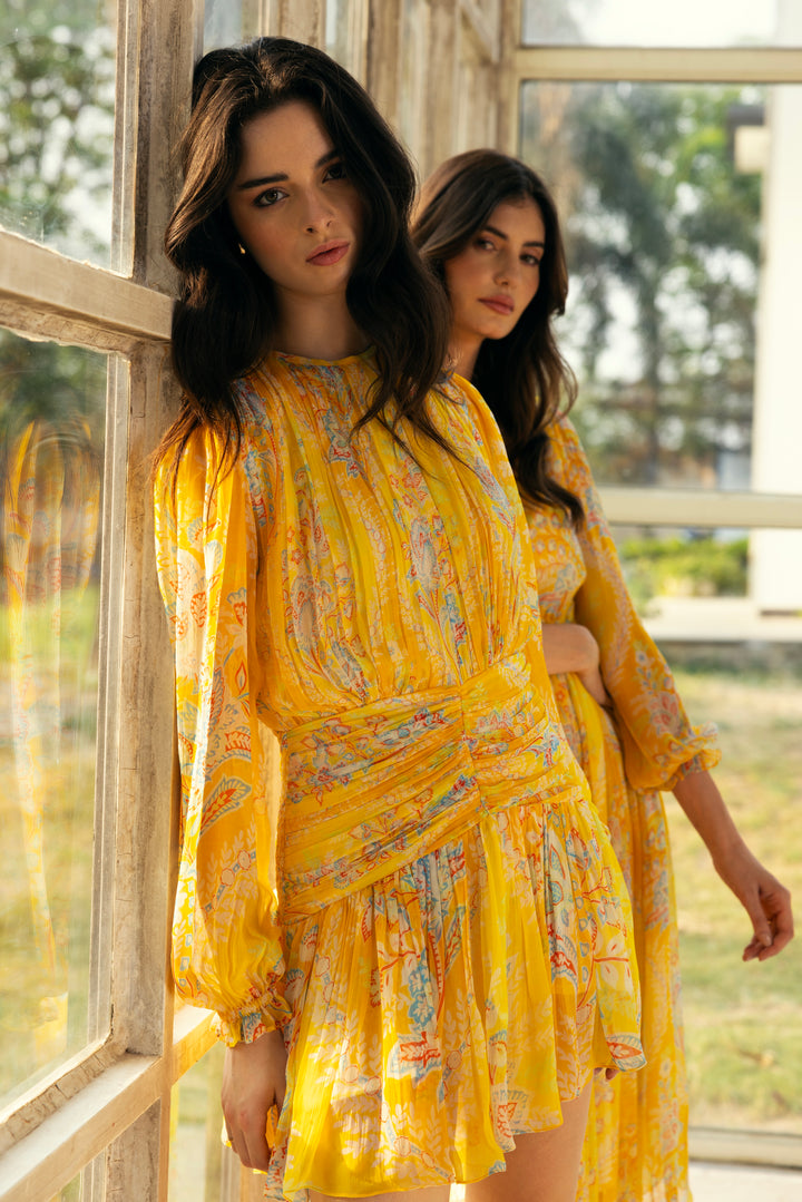 Vera Ruching Short Dress – Yellow