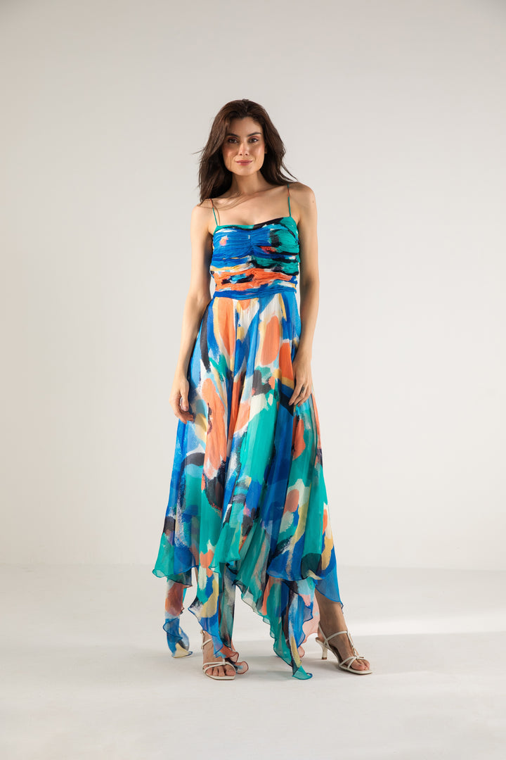 Mira Ruching Asymmetric Long Dress