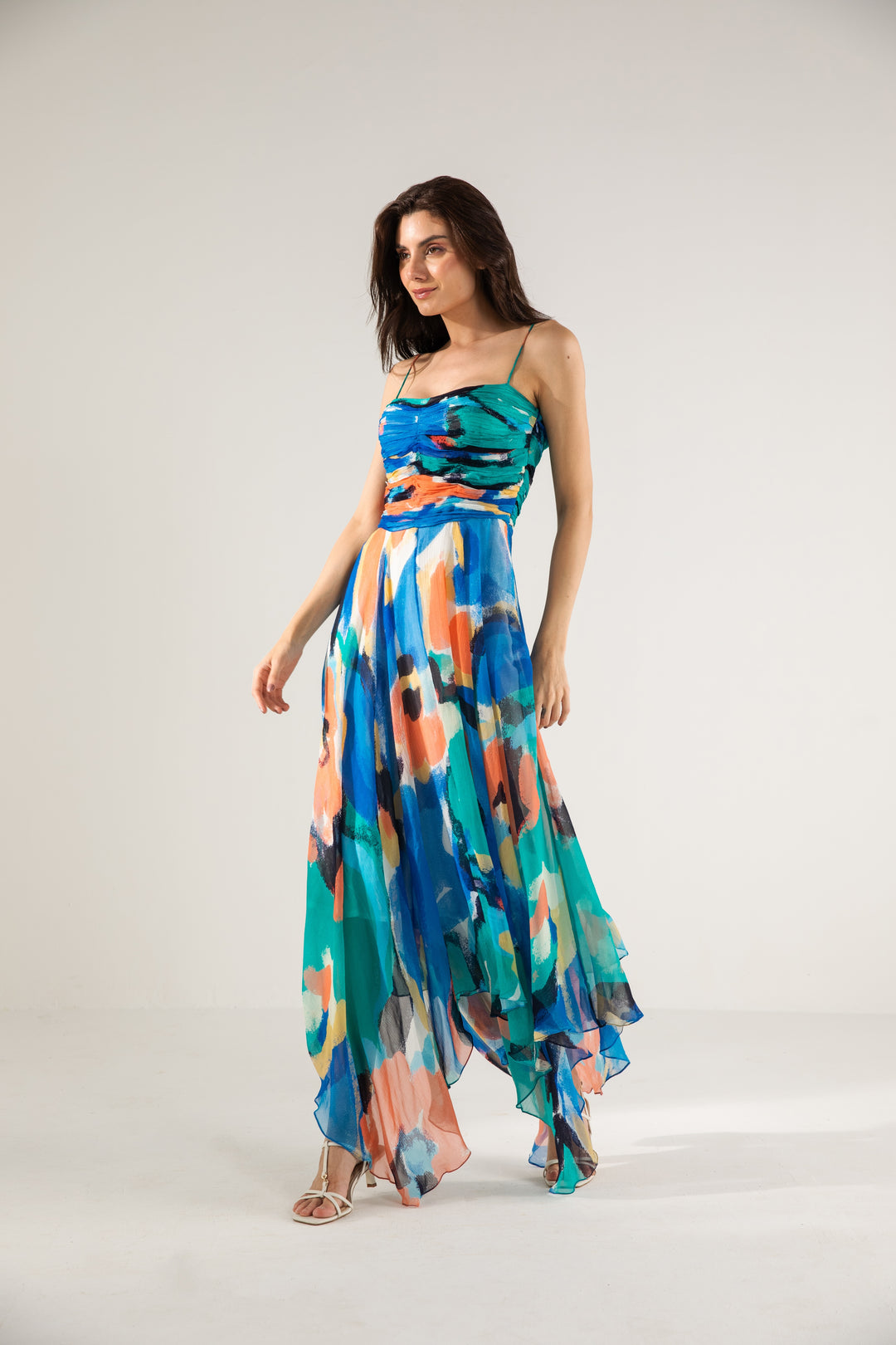 Mira Ruching Asymmetric Long Dress