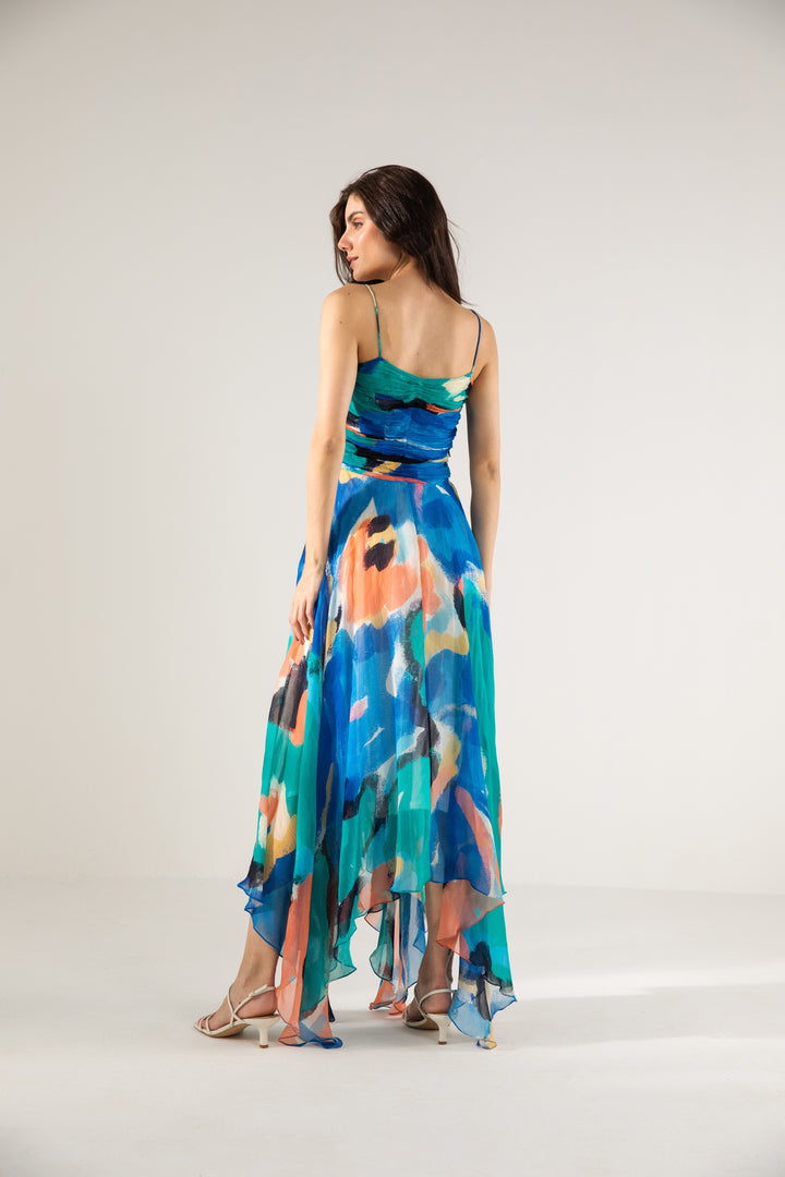 Mira Ruching Asymmetric Long Dress